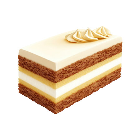 Three-layered cake slice, showcasing the intricate details of the layers and cream, captured in a detailed close-up  shot against a black backdrop. The icing is a light cream color with a decorative swirl on top. The cake slices have visible texture and are arranged in a layered format, with a rich brown color cake and light yellow/cream colored fillings.の素材