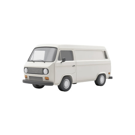 Side view of a vintage style delivery van, presented in a plain white color,  isolated on a black background. The van is a 3D model,  designed for use in mockup or graphic projects.の素材