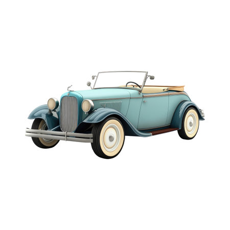 Three-dimensional render of a vintage convertible automobile.  The vehicle is depicted from a slightly oblique angle, with a focus on showcasing its detailed features. The color palette is muted and somewhat pastel. The backdrop is a pure black color. The lighting suggests a  setting.の素材