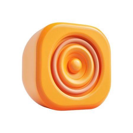 Vibrant orange square icon depicting a speaker design. The shape is geometric with concentric circles that make up the speaker cone.  The color is bright and creates a bold visual impact. The style is modern and stylized.の素材