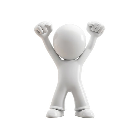 3D model of a stylized white figure, with arms raised high in a gesture of joy and celebration.  The figure is standing on a black background.  It has a simple, rounded design with a smooth, glossy texture.の素材