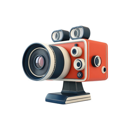 3D illustration of a retro style camera. The camera features a unique design with a combination of orange, black and white colors and detailed elements. The camera is presented from a close up perspective, showcasing its unique design features.の素材