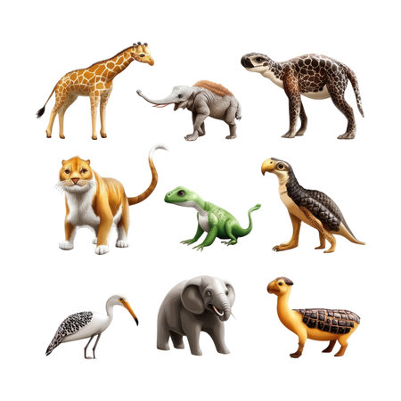 Collection of detailed illustrations of various prehistoric animals, including a giraffe, elephant, tiger, lizard, bird, and other extinct species.  The animals are depicted against a black background.の素材