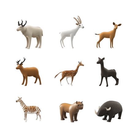 Collection of various animal models in a digital render.  The models are displayed on an isolated black background.  Each animal is depicted in a profile or front view.  The animals include a variety of species, such as deer, giraffes, zebras, rhinos, and bears.の素材