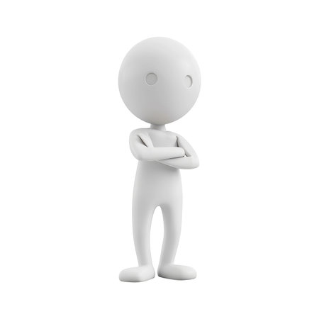 Simple, stylized 3D model of a person, rendered in a plain white color, is depicted against a black background.  The figure stands upright, with arms folded across the chest.  The details are basic, lacking specific facial expressions or other elaborate features. The image is suitable for use in presentations, informational graphics, or design projects requiring a neutral and easily recognizable character.の素材
