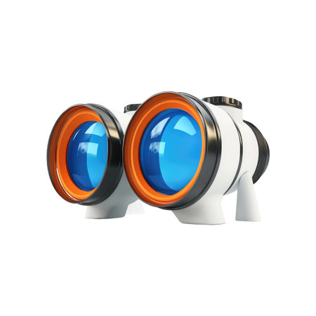 3D illustration of a pair of futuristic binoculars. The binoculars are white with orange accents and have large blue lenses. The design is modern and sleek.の素材