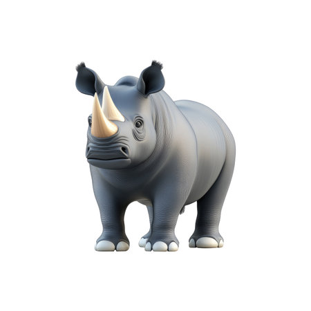 Full, detailed and rendered view of a rhinoceros, presented against a solid black background. The rhinoceros is shown in a three-quarter frontal view, with its four legs visible and the texture of its skin apparent.  The rhino's horn is a light golden color. The image showcases realistic details and a sense of depth.の素材