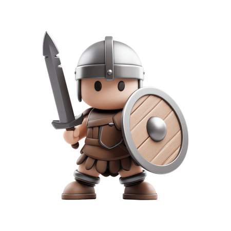 Stylized, cartoonish depiction of a warrior figure, holding a sword and shield. The figure is small and presented against a black background, with a focus on simple shapes and colors. The figure's armor and weaponry are in shades of brown and light gray.の素材