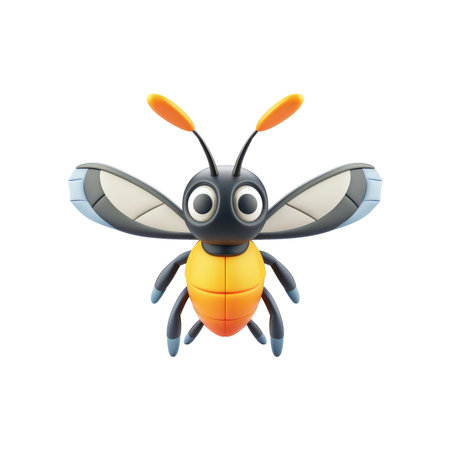 3D model of a cartoon insect, featuring large, colorful wings and a cheerful expression.  The insect has a segmented body, with bright orange and black sections. Its eyes are large and expressive, adding to its cartoonish appeal.の素材