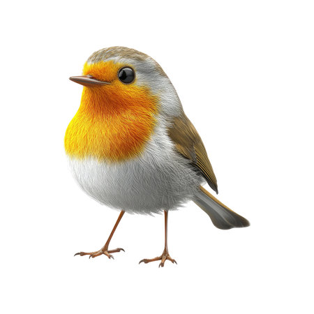 Highly detailed and colorful digital illustration of a European robin, featuring realistic plumage textures.  The bird is depicted in profile view against a black background.  The intricate details of its feathers are clearly visible. The image captures the bird's fine features in a highly graphic manner.の素材