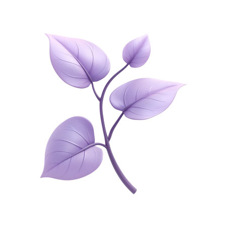 Close-up illustration of a plant stem with three purple leaves. The leaves have a smooth, painted appearance. The stem is a darker shade of purple.の素材
