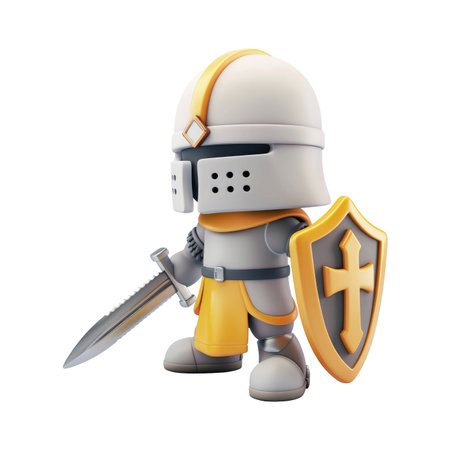 Stylized, cartoon representation of a knight, wearing armor, holding a sword and shield.  The knight is depicted in a dynamic pose, ready for action.  The character is rendered in a three-dimensional format, exhibiting a clear and detailed design.  Colors are limited to shades of white, gray, and yellow, with black background.の素材