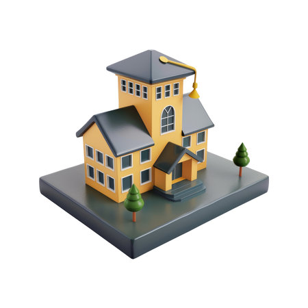 Low-poly, stylized 3D model of a school building.  The building is depicted in a simplified design, with a yellow facade and dark gray roof.  Two small evergreen trees are situated in front of the building, on a dark gray base.の素材