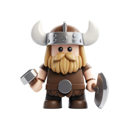 Digitally rendered cartoon viking figure, styled in a simplified manner, stands on a plain black background, holding a hammer and an axe. The figure wears a brown tunic, a metal-styled horned helmet, and a long blond beard.  The figure is depicted in a straightforward pose.の素材