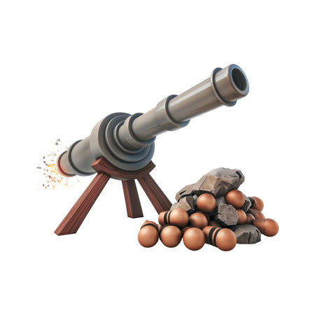 Three-dimensional illustration of an antique cannon firing projectiles. The cannon is metallic gray and rests on a wooden tripod.  A pile of projectiles rests on the ground.  The scene depicts the act of firing.の素材
