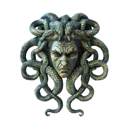 Detailed depiction of a sculpted head, featuring a human face surrounded by multiple snakes, evoking a mythical creature, likely Medusa. The head is highlighted with contrasting colors and textures, creating a sense of depth and artistry. The figure is depicted in a frontal, close-up view, isolated against a white backdrop.の素材