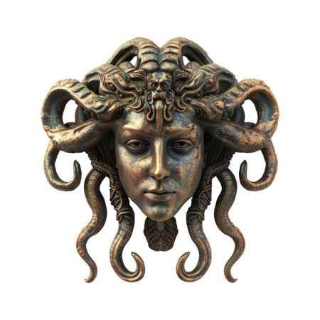 Detailed bronze sculpture of a Medusa head, featuring intricate details of the snakes surrounding the face. The surface of the sculpture showcases a patinated bronze texture, showcasing depth and realistic patterns, suitable for home decor.の素材