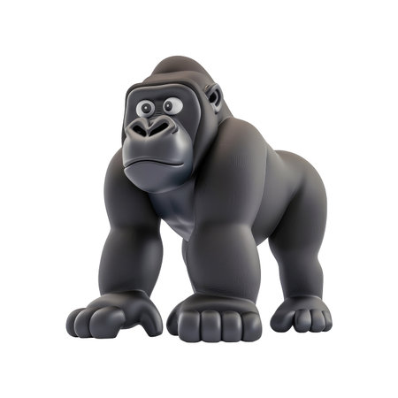 Detailed 3D rendering of a cartoon gorilla figure, posed in a standing position against a plain white background. The gorilla is depicted with exaggerated features and a simple color palette, making it suitable for design inspiration, illustration, or merchandise.の素材