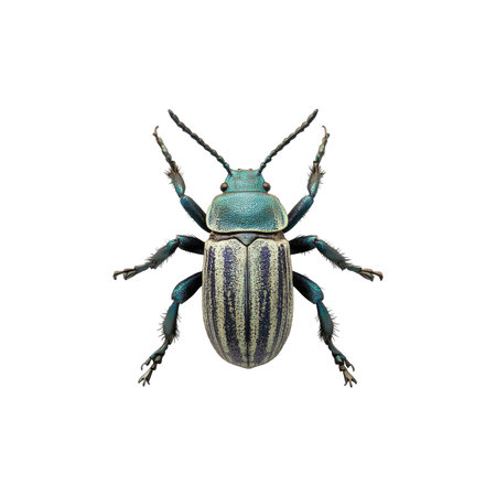 High-resolution  shot of a beetle, displaying intricate details of its colorful striped body and segmented legs against a plain white background.  The beetle is positioned in a centered top-down view.の素材