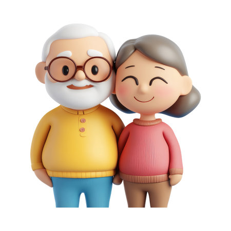 Digitally rendered illustration of a cartoon elderly couple, standing closely together, expressing affection and happiness.  The couple is depicted in a friendly and loving manner, with a focus on their facial expressions and body language.  The colors are bright and the style is whimsical and friendly.の素材
