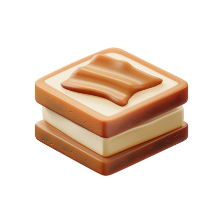 Square confectionery item, likely a sandwich-style dessert, consisting of two layers of a light-colored substance, possibly a creamy filling, sandwiched between two pieces of a brown, possibly biscuit or cookie-like base. A top layer of caramel sauce, or a caramel-like topping, is spread unevenly over the top. The image style is a detailed 3D rendering, giving a realistic view of the surface texture and design elements of the treat.の素材