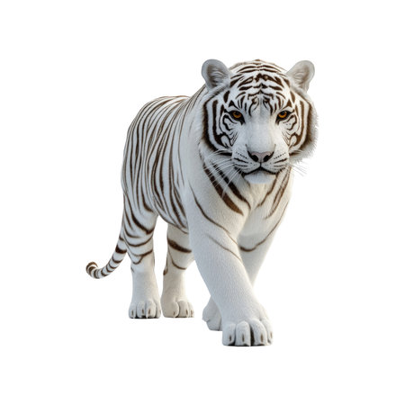 3D render of a white tiger, with dark brown stripes, in a walking posture. The tiger is set against a plain white background.の素材