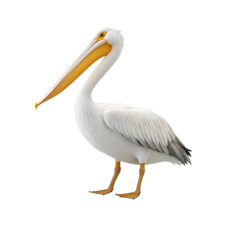 Digitally rendered image of a white pelican in profile view.  The pelican is positioned with its beak slightly open, and its wings and body are in full view.  The background is pure white.の素材