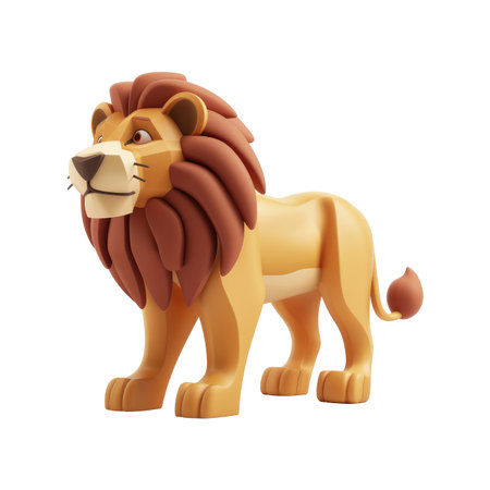 Stylized, cartoon rendering of a lion, presented in profile view, with a simple color palette and a child-friendly aesthetic. The lion is standing and has a simple, geometric design to its body, mane, and paws.の素材