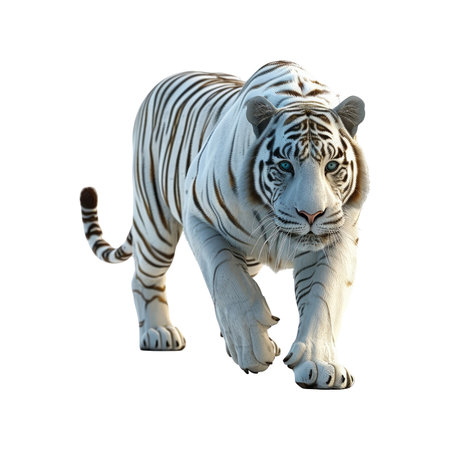 Digitally rendered, detailed illustration of a white tiger, showcasing its intricate striped pattern and walking stance.  The tiger is presented in a full shot against a plain white backdrop, highlighting its physical characteristics and capturing its alert posture.の素材