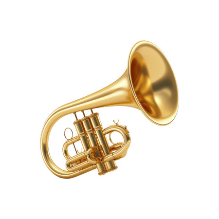 Polished, golden cornet, a brass musical instrument, seen in a  setting against a white backdrop. The image shows exceptional detail of the cornet's valves, body, and bell, highlighting the instrument's intricate design.の素材