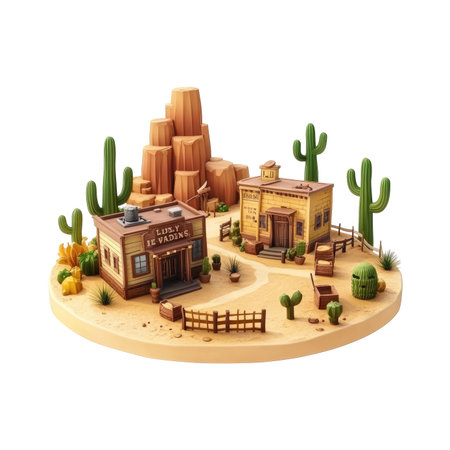 Miniature diorama depicting a quaint western town nestled amidst a desert landscape.  It features small buildings, cacti, and a wooden fence.  The scene is meticulously detailed and creates a charming ambiance.の素材