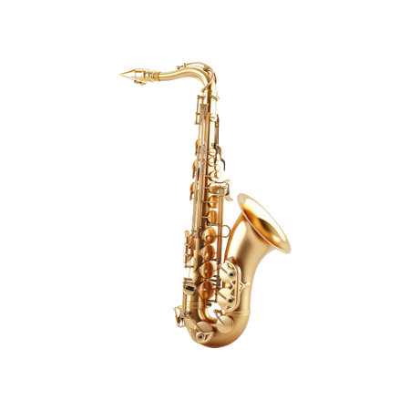 Gold colored saxophone, in a  setting, is pictured against a bright white backdrop.  The saxophone's polished surface showcases intricate details, from the mouthpiece to the bell, and is perfectly illuminated. The image's clarity emphasizes the instrument's design and the sheen of the gold material.の素材