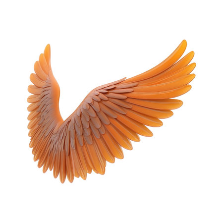 Detailed 3D render of an open wing, showcasing the intricate pattern of its feathers in a gradient of orange hues against a pure white background.  The wing is spread wide, highlighting the texture and depth of the feathered design.の素材