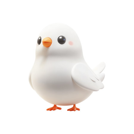 3D rendered, cartoon style bird, presented in a soft white color with orange accents.  The bird is designed with large eyes, a soft beak and an overall cute appearance.の素材