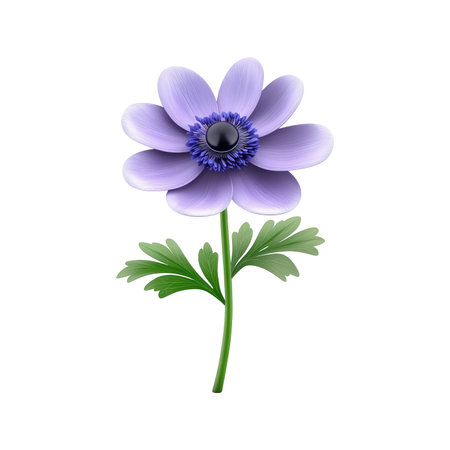 Vividly colored, detailed illustration of a single, lilac-colored flower with green leaves and a slender stem. The image is well-composed and set against a plain white background.の素材