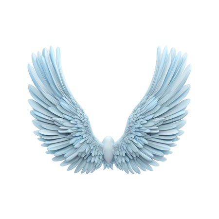 Detailed graphic illustration of a pair of light blue angel wings, displayed against a plain white background.  The wings are in a spread, open position, showcasing intricate feather details. The light blue color gives a delicate and ethereal appearance to the wings.の素材