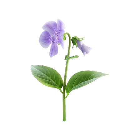 Single, light purple flower and its leaves on a stem, isolated on a white background. The image showcases detailed textures and vibrant colors of the flower and foliage. The light, soft pastel color scheme of the flower and leaf contributes to the overall aesthetic appeal of the image.の素材