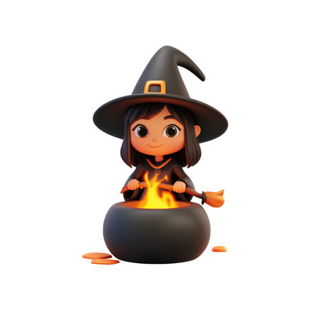 Cartoon witch character in a witch's hat is depicted tending a cauldron with a stick, with flames.  The scene is brightly lit, conveying a sense of fun and festivity. The image is in a digital rendering style.の素材