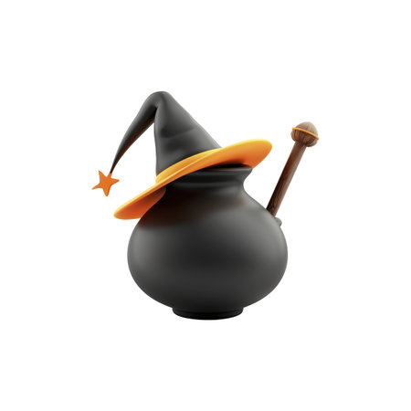 3D illustration of a black cauldron wearing an orange-rimmed witch's hat, and with a wooden stick. The item is isolated on a white background.の素材