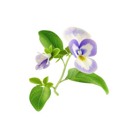 Close-up image of a branch with pansies and leaves, set against a plain white background.  The pansies are in various shades of purple and white, with yellow accents, and the leaves are a deep green.の素材