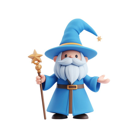 Friendly cartoon wizard character, wearing a blue robe and a pointed hat, is holding a golden staff with a star-shaped tip. He has a light blue beard and a happy expression, his hands are open as if presenting something. The character is isolated on a white background and is in a 3D style.の素材
