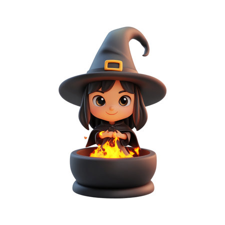 Cartoon witch character is shown tending a cauldron of flames. She has a witch's hat and a dark cloak, and her expression is happy and focused on her task. The image is a 3D model.の素材