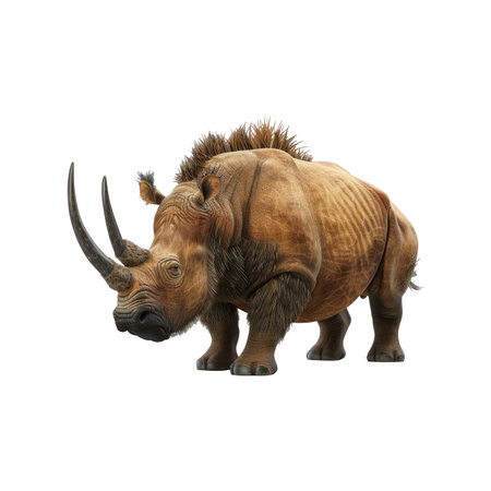 Digitally rendered illustration of a prehistoric rhinoceros, showcasing intricate details of its fur, horns, and body structure, isolated against a white background.  The image is a high-quality representation of a species from the distant past.の素材