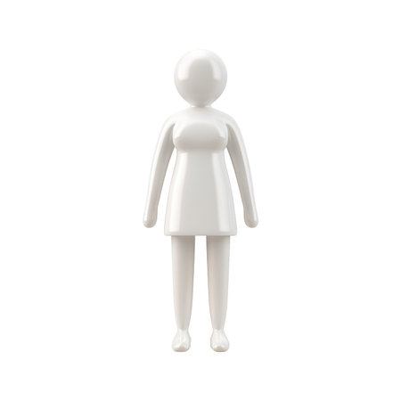 Simple, stylized three-dimensional illustration of a female figure in a dress, presented in a solid white color against a plain background.  The figure is posed upright and is characteristically designed as a cartoon or simplified representation.の素材