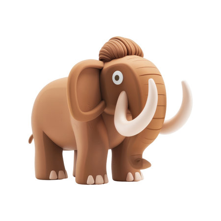 Cartoon illustration of a mammoth, rendered in a brown color, with large tusks and a playful style. The mammoth is presented in a 3-dimensional design against a white backdrop.の素材
