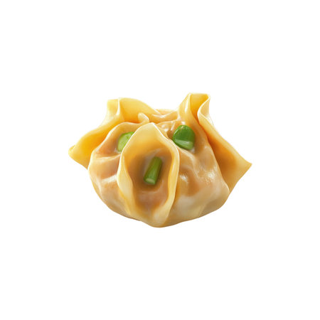Single, golden-brown, filled dumpling, isolated against a white background, showing its detailed texture and filling.  The dumpling appears to be steamed and ready to eat.の素材