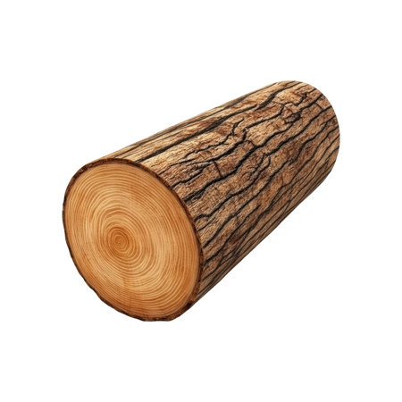 Detailed, high-angle view of a wooden log section, highlighting its intricate wood grain and bark texture.  The log is presented against a pure white background.の素材