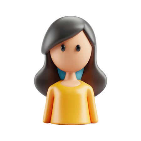 Three-dimensional illustration of a cartoon woman, presented as an icon or avatar. The figure has simple features, dark hair, and a yellow top, displayed against a plain white background.の素材