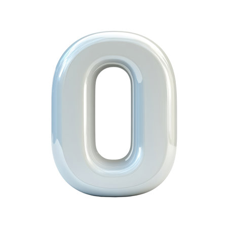 Glossy, light gray three-dimensional rendering of the number zero, isolated against a plain white background. The surface of the number reflects light, showcasing a smooth and reflective texture.の素材