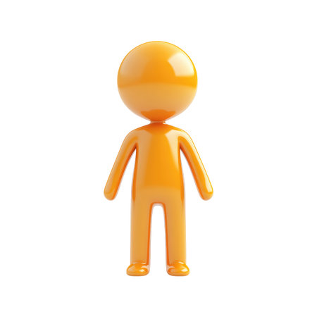 Glossy orange cartoon figure, with arms at its sides and standing upright, is shown against a plain white background.  The figure has a simple, rounded design and is in a neutral pose. The orange color is bright and saturated.の素材